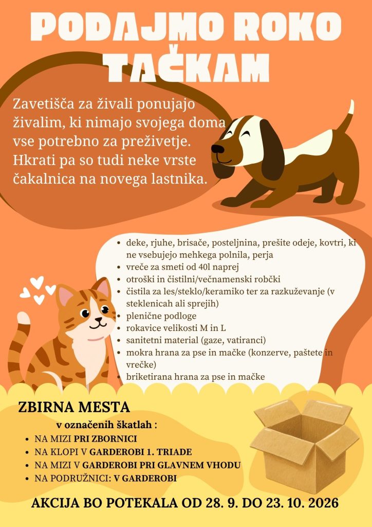 plakat za zbiranje hrane in opreme za živali. Akcija od 28. 9. do 23. 10. 2026.