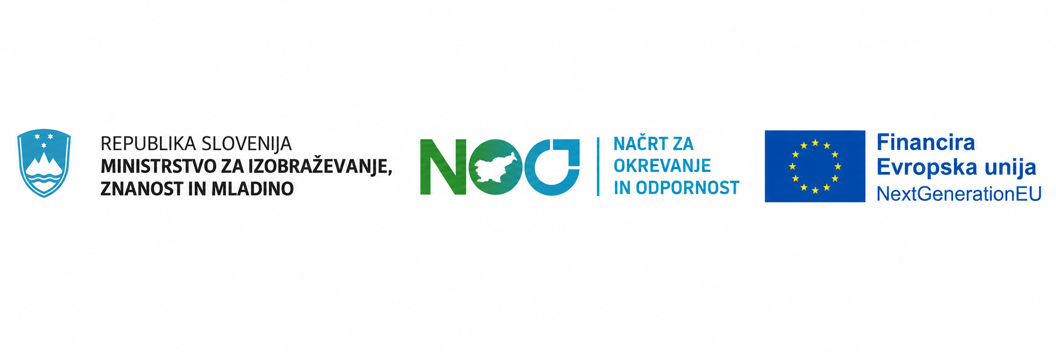 Logotipi Ministrstva za izobraževanje, znanost in mladino, Načrta za okrevanje in odpornost ter Evropske unije – NextGenerationEU.